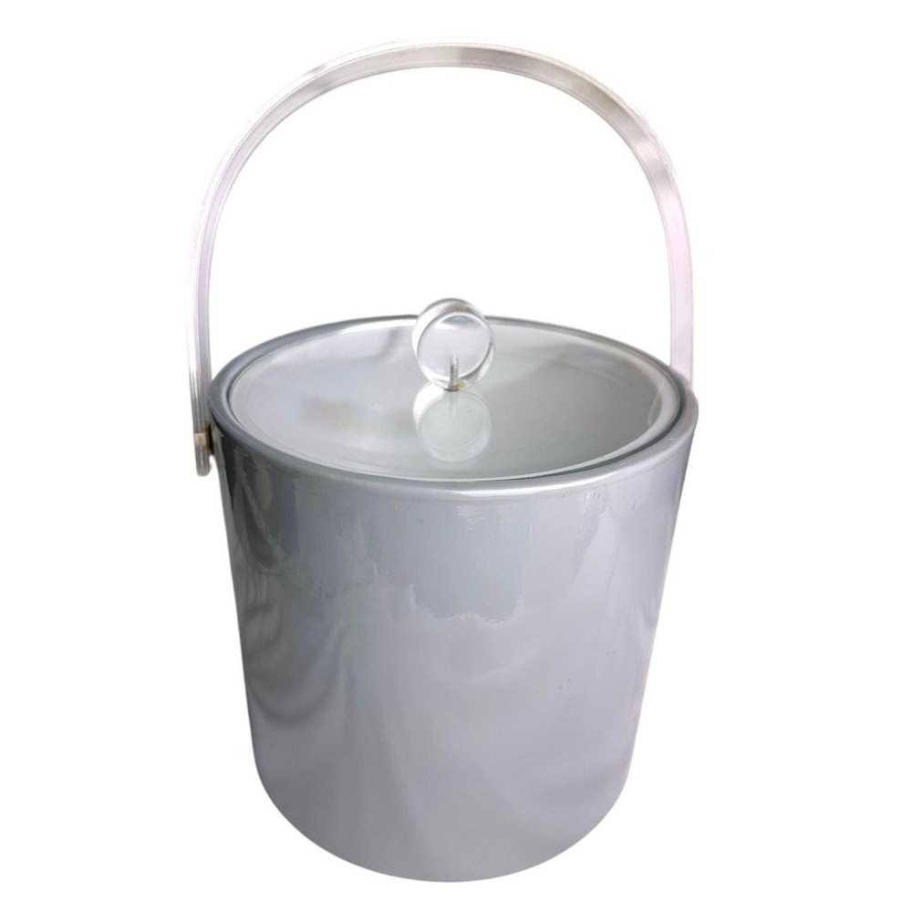 Mid-Century Gray Ice Bucket with Clear Acrylic Handle and Lid